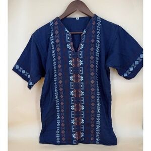 Unbranded Women Medium Navy Blue‎ Embroidery V-Neck Short Sleeve Tunic Top
